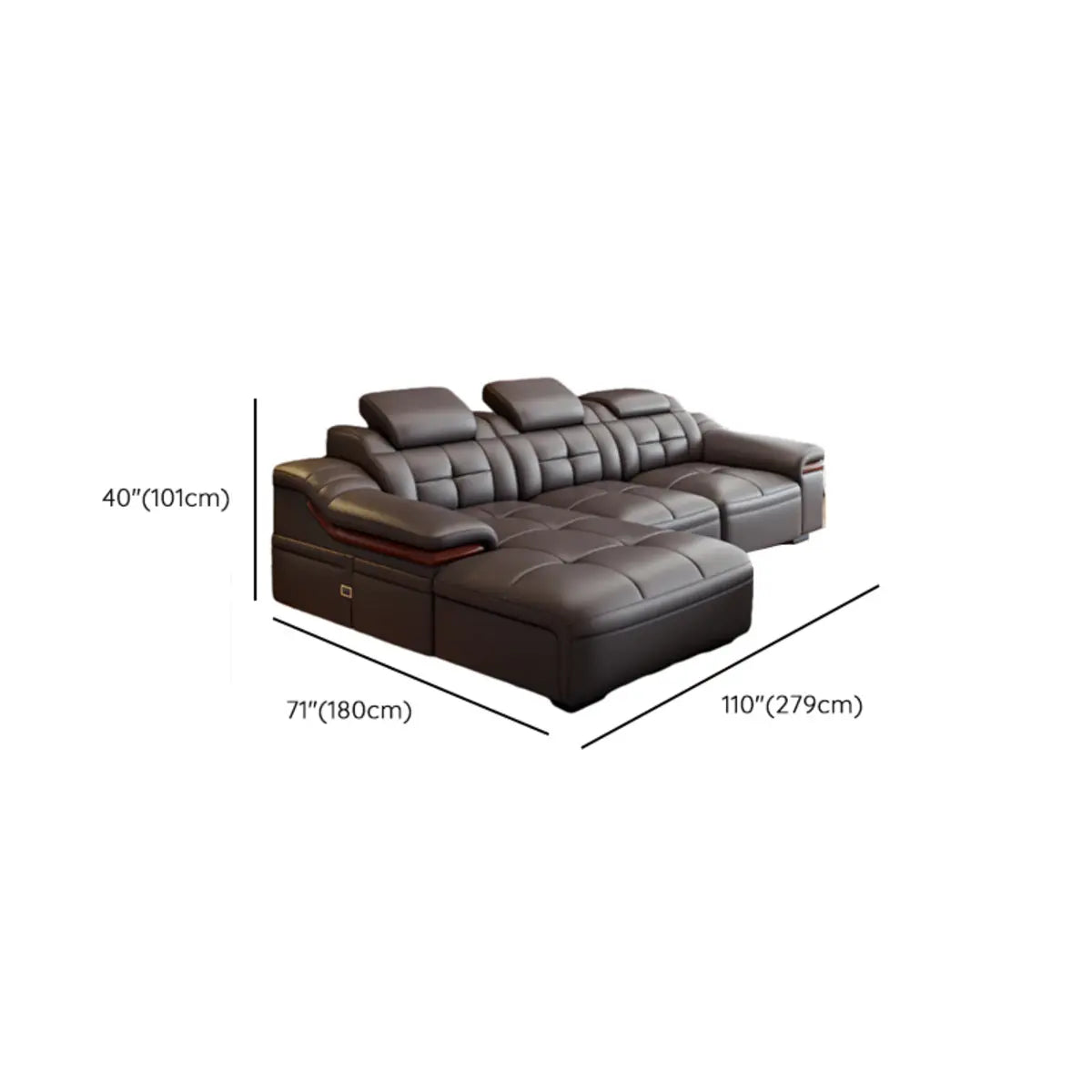 Brown Leather Wood Frame L-Shape Sectional Sofa Set Image - 14