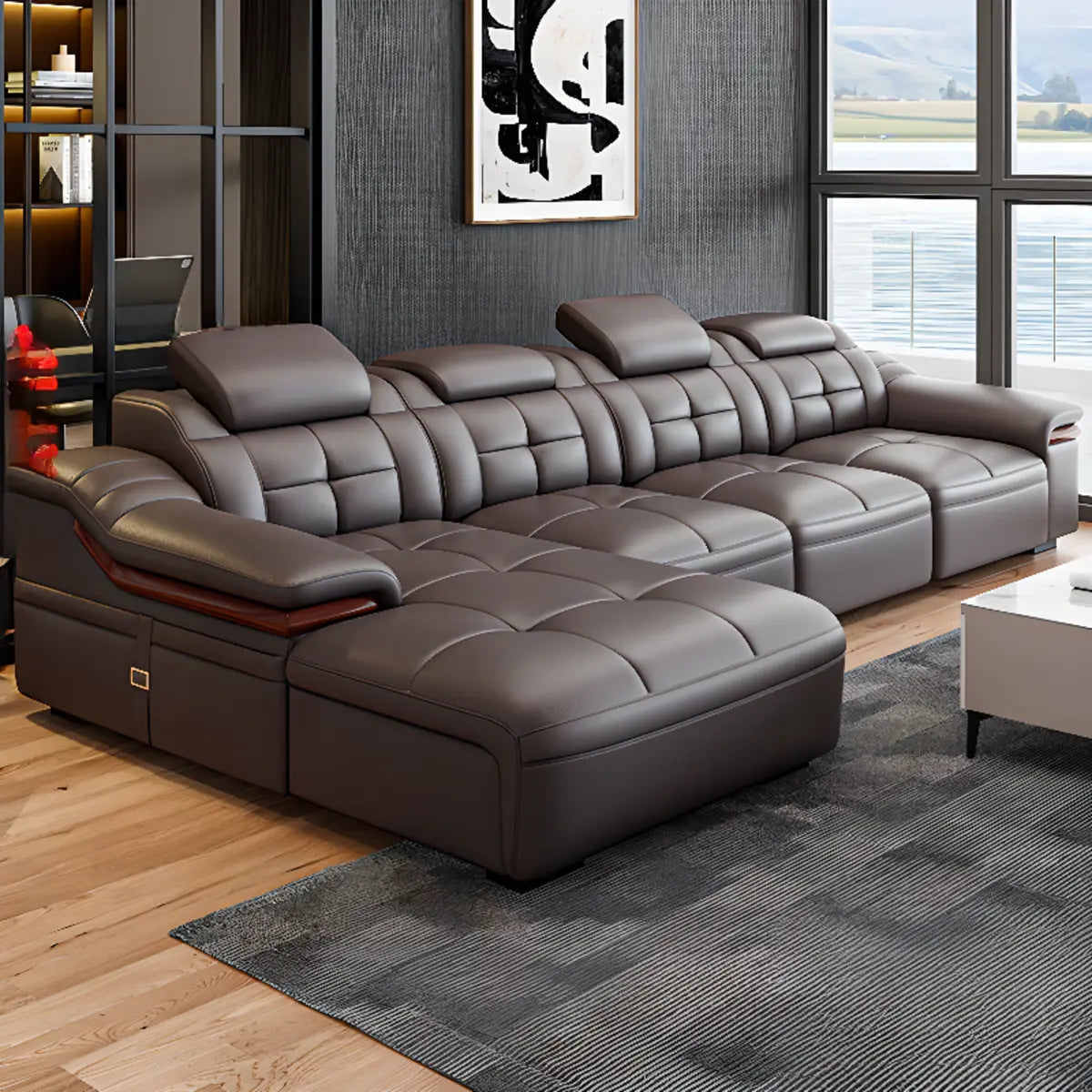 Brown Leather Wood Frame L-Shape Sectional Sofa Set Image - 2