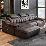 Brown Leather Wood Frame L-Shape Sectional Sofa Set Image - 3