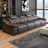 Brown Leather Wood Frame L-Shape Sectional Sofa Set Image - 5