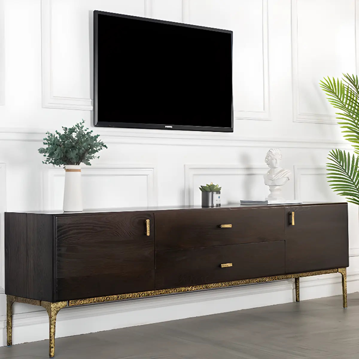 Brown Long Espresso Wood Tone Oak Cabinet TV Stand Image - 5