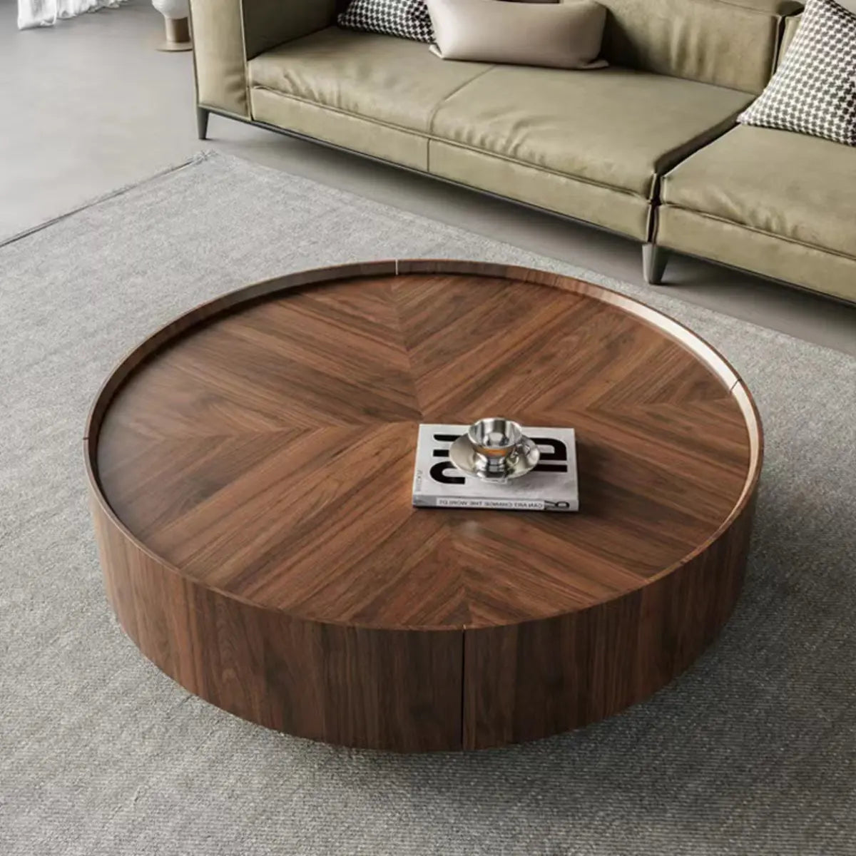 Brown Manufactured Wood Round Coffee Table with Drawers Image - 3