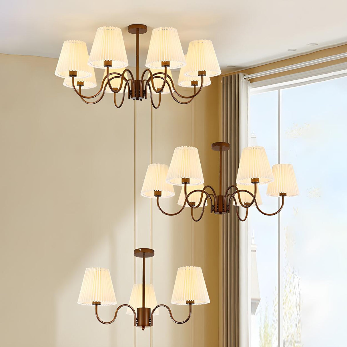 Brown Modern White Fabric Chandelier Adjustable Height Image - 4