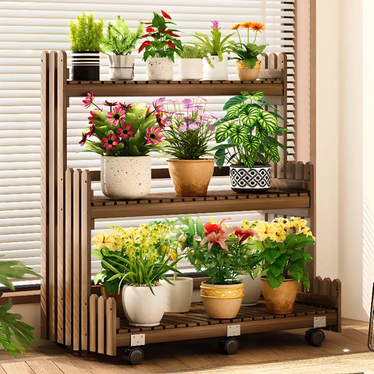 Brown Multi-Tier Wood Rolling Crate Large Plant Stand Image - 2