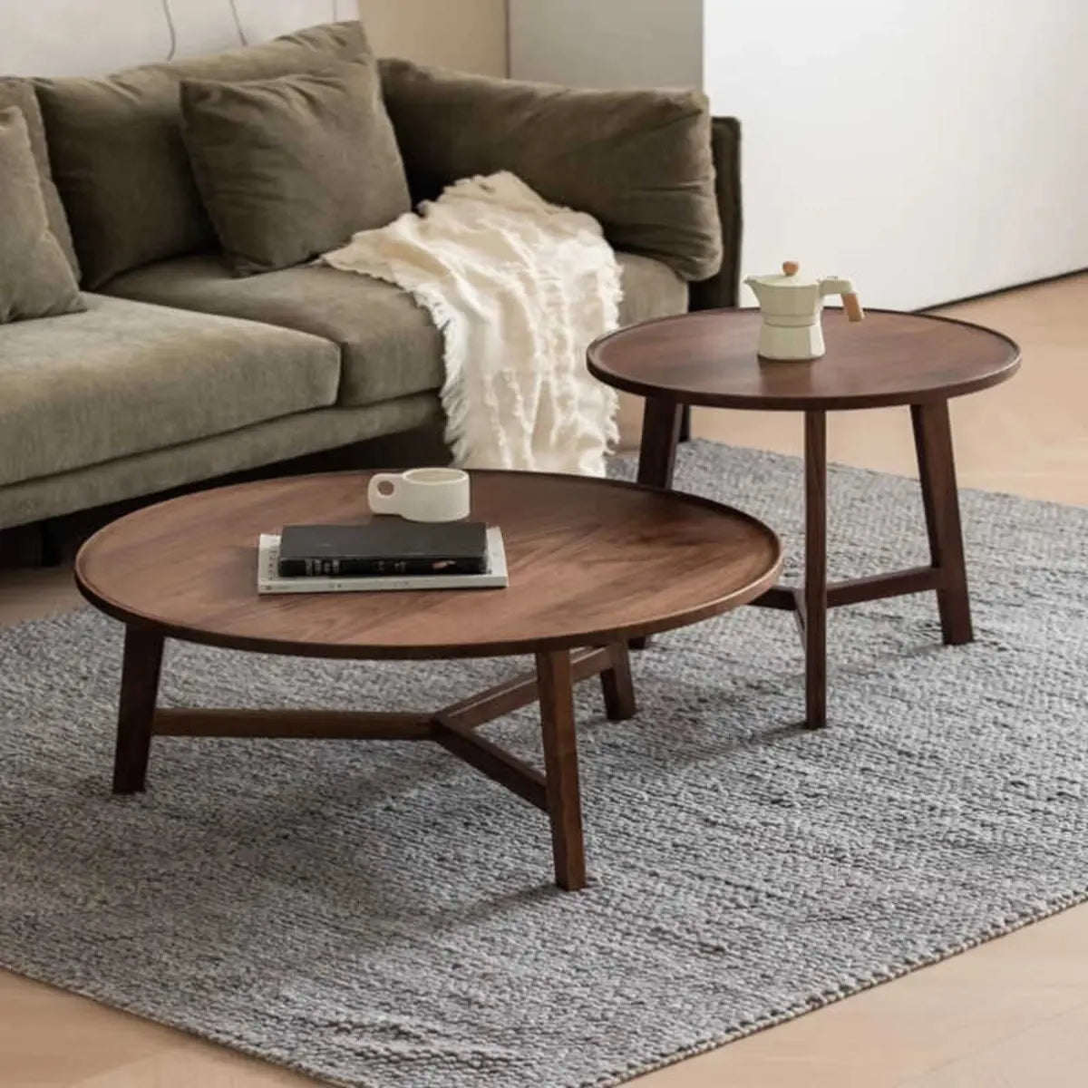 Brown Nested Round Wood Tray Top Cross Leg Coffee Table Image - 1