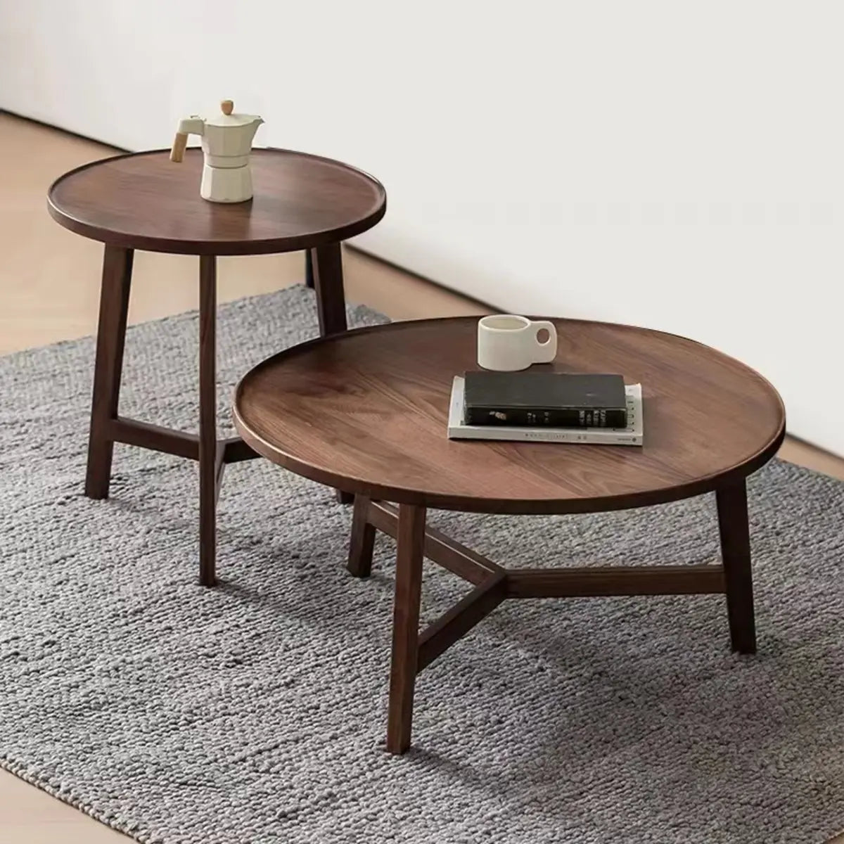 Brown Nested Round Wood Tray Top Cross Leg Coffee Table Image - 5