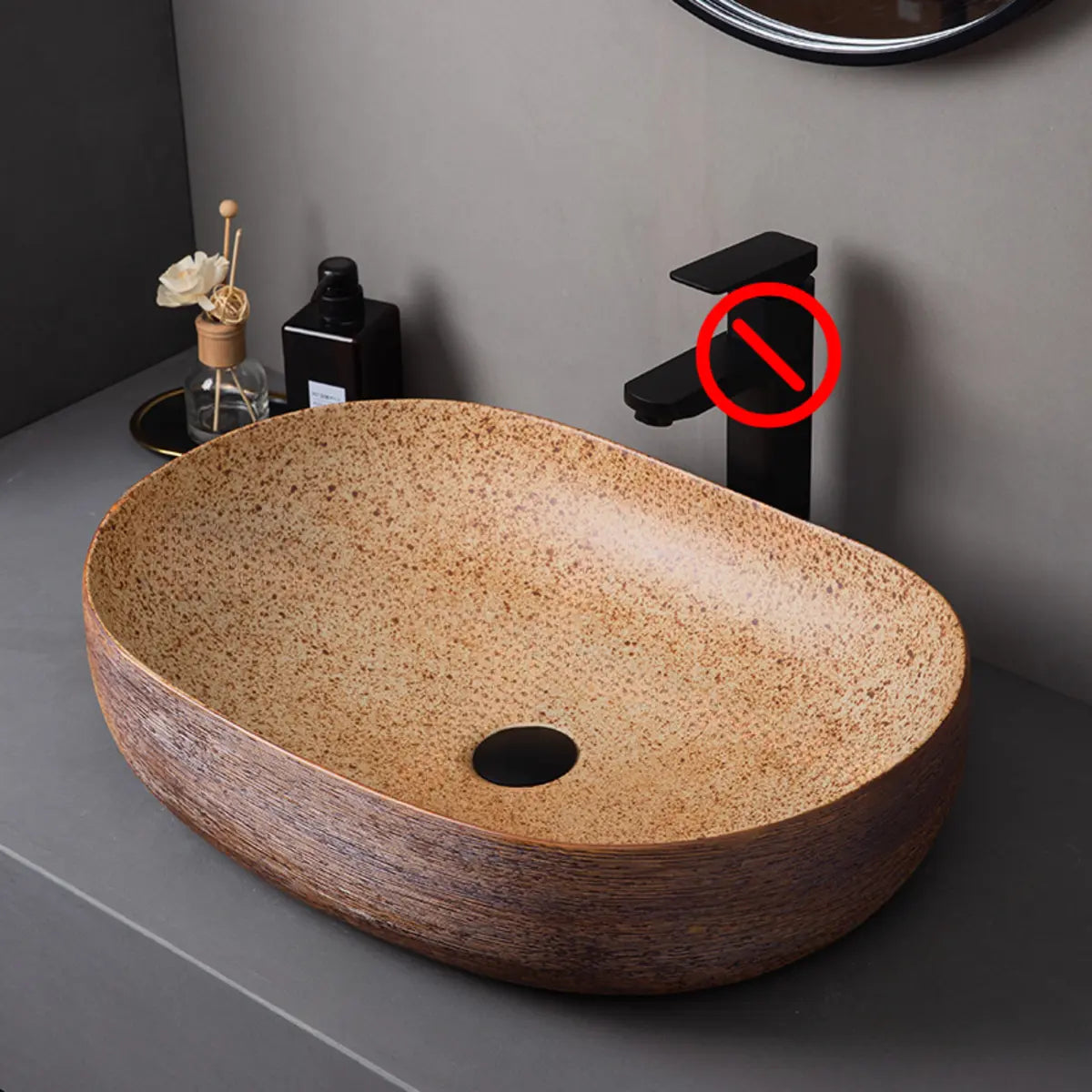 Brown Oval Ceramic Center Trapway Bathroom Vessel Sink Image - 12