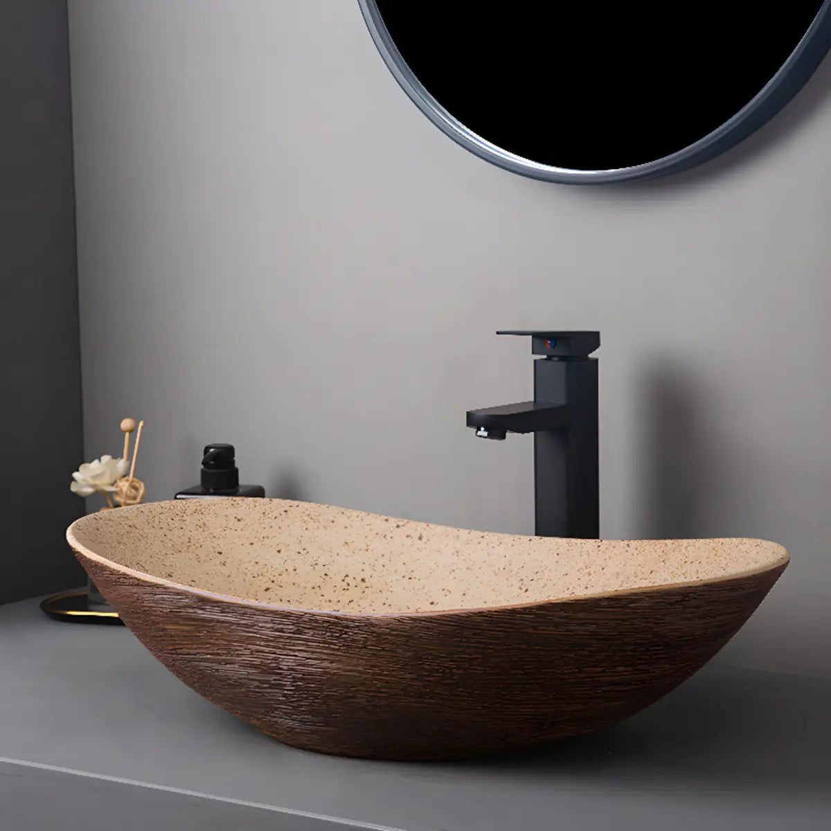 Brown Oval Ceramic Center Trapway Bathroom Vessel Sink Image - 4