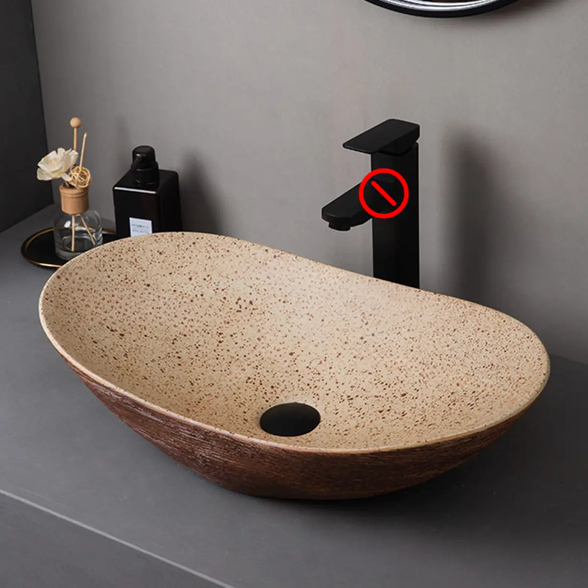 Brown Oval Ceramic Center Trapway Bathroom Vessel Sink Image - 9