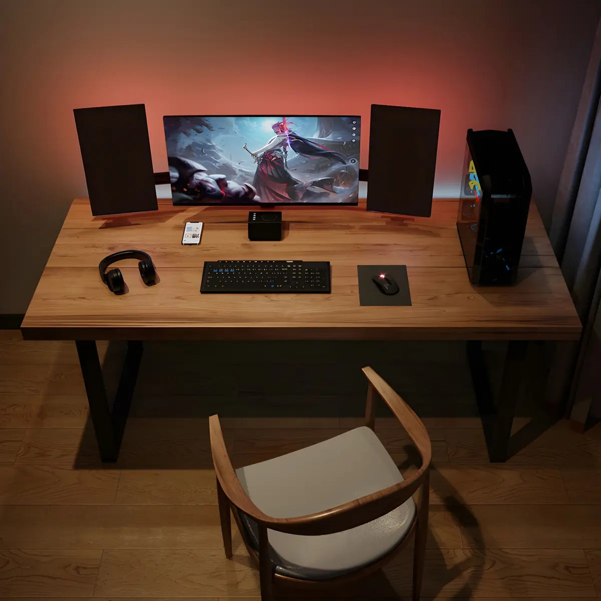 Brown Pine Medium Wood Rectangle Sledge Gaming Desk Image - 4