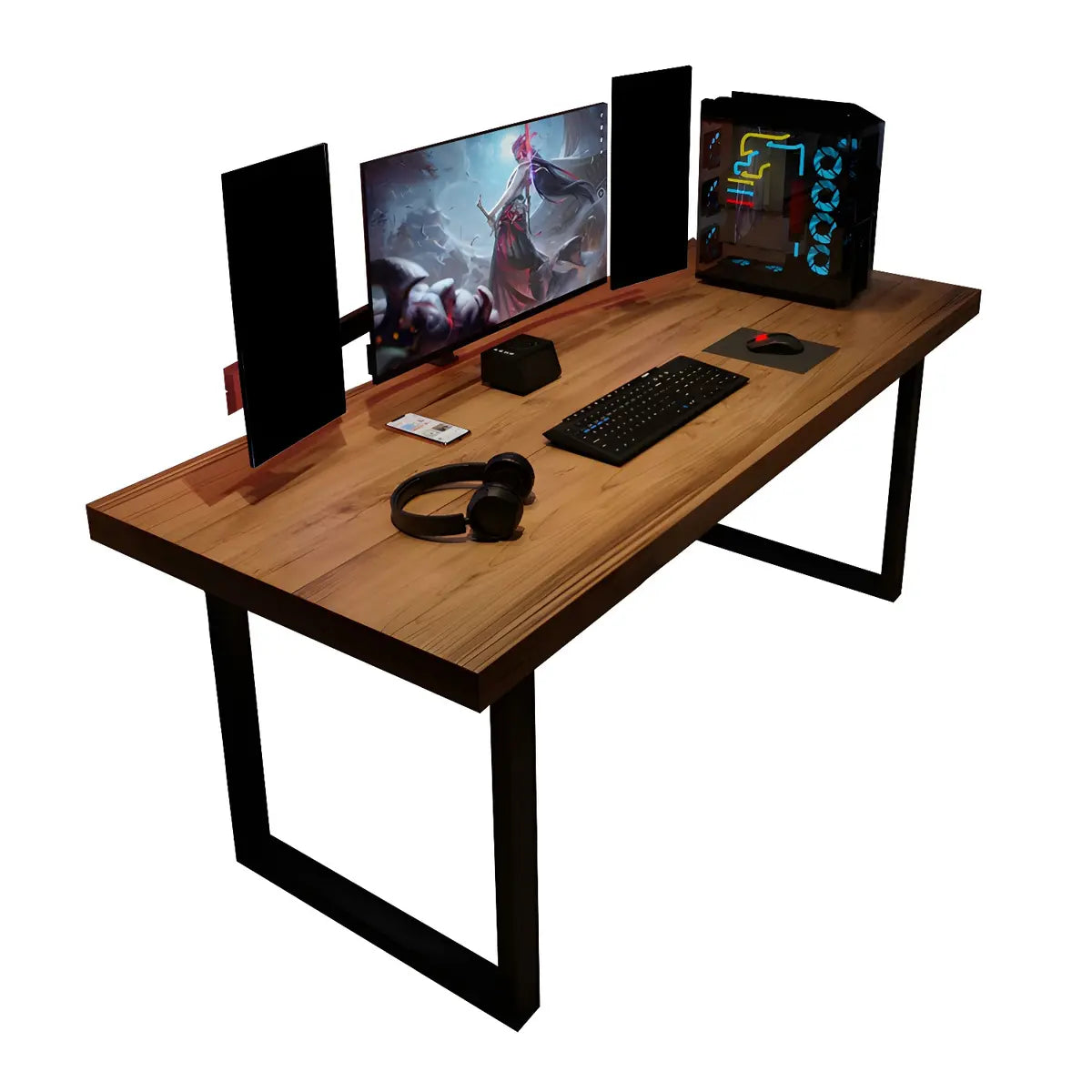 Brown Pine Medium Wood Rectangle Sledge Gaming Desk Image - 5