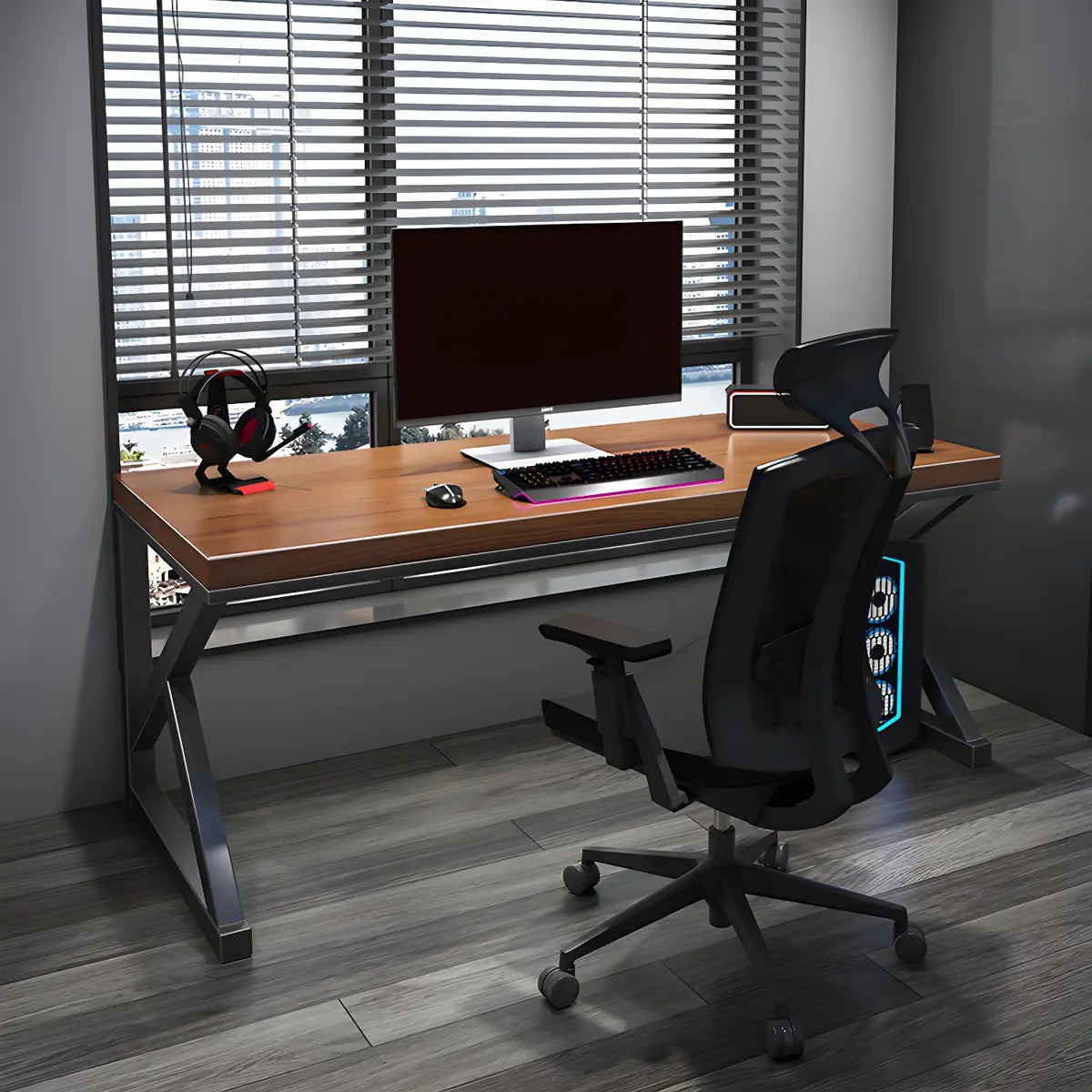 Brown Pine Wood Iron Sled Rectangular Gaming Desk Image - 1