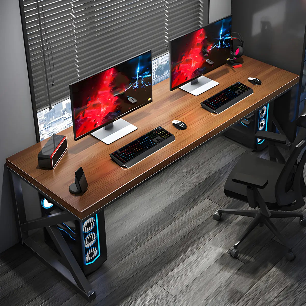 Brown Pine Wood Rectangle Iron Sled Double Gaming Desk Image - 1