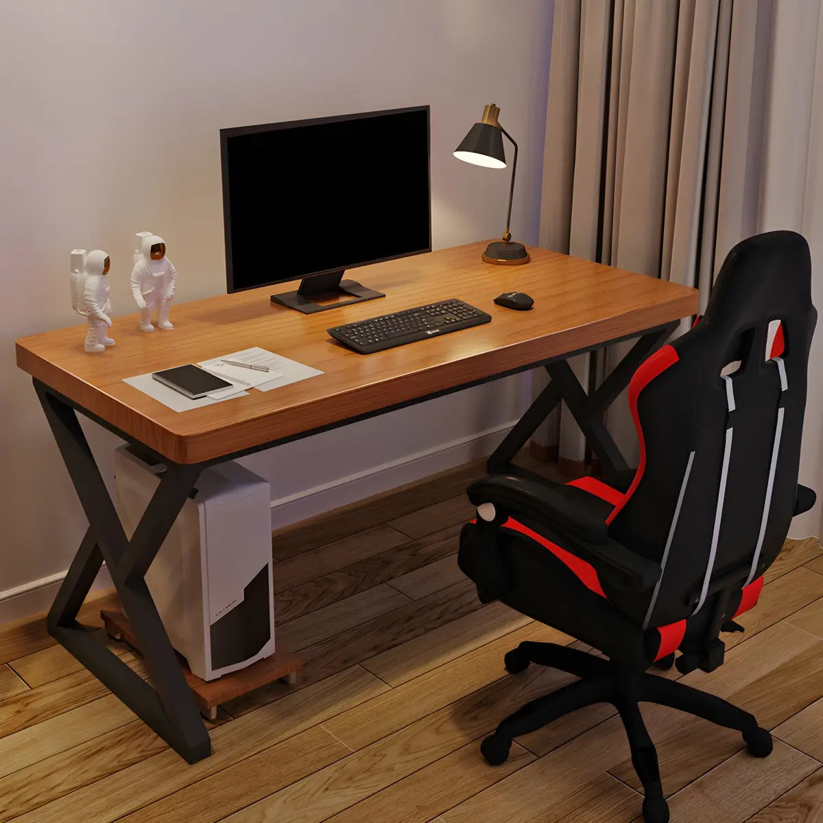 Brown Pine Wood Rectangle Iron Sledge Gaming Desk Image - 1