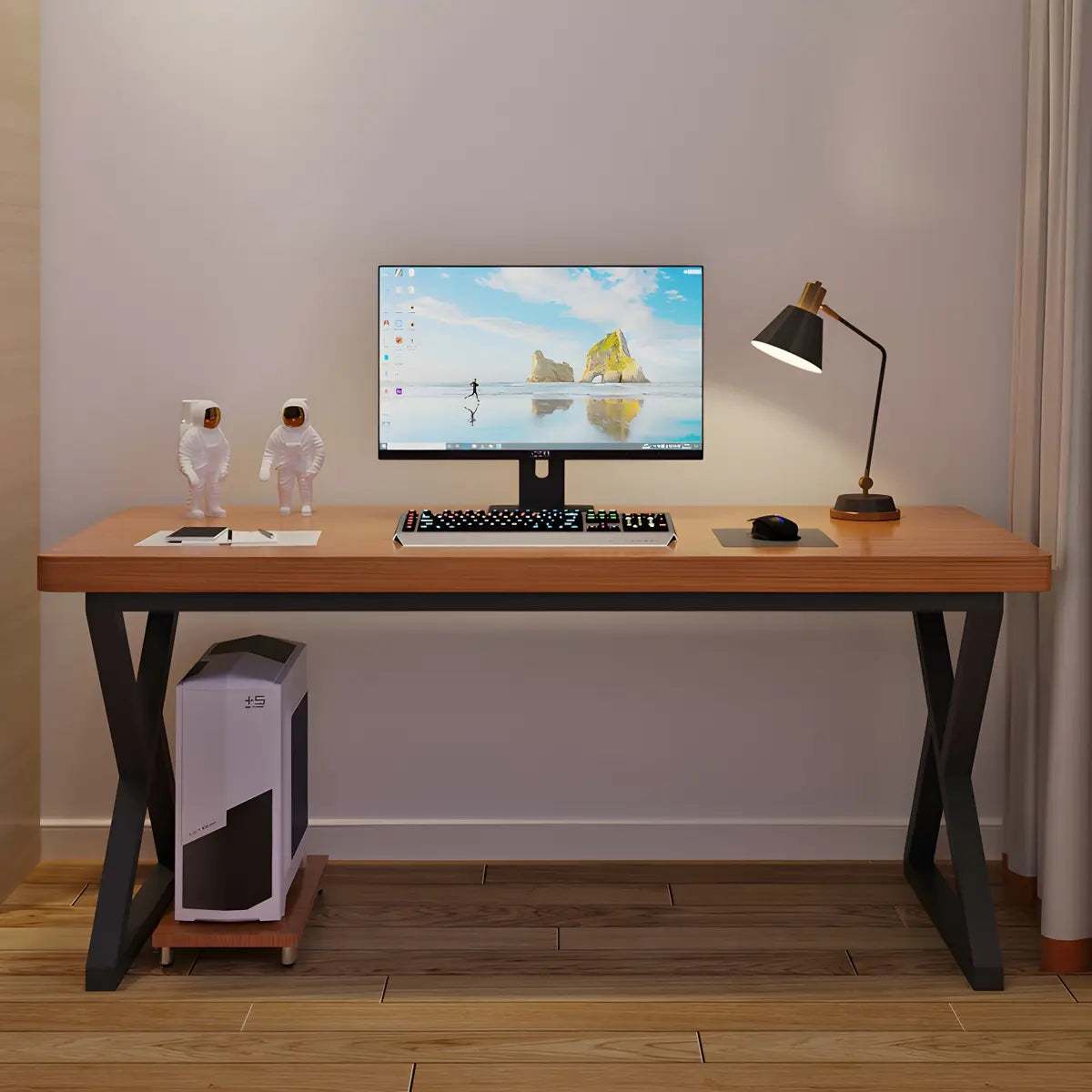 Brown Pine Wood Rectangle Iron Sledge Gaming Desk Image - 8