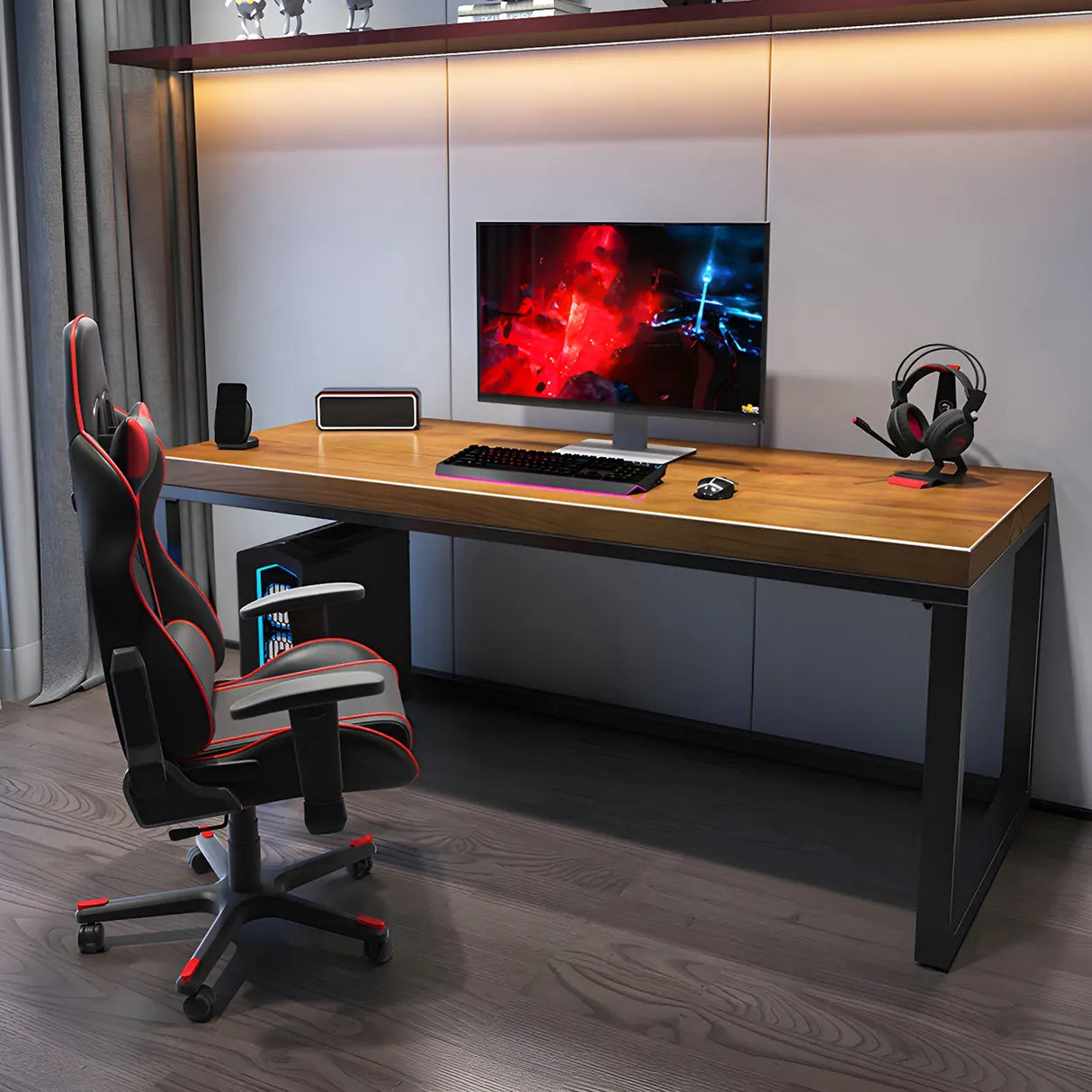 Brown Pine Wood Rectangle Iron Sleigh Gaming Desk Image - 1