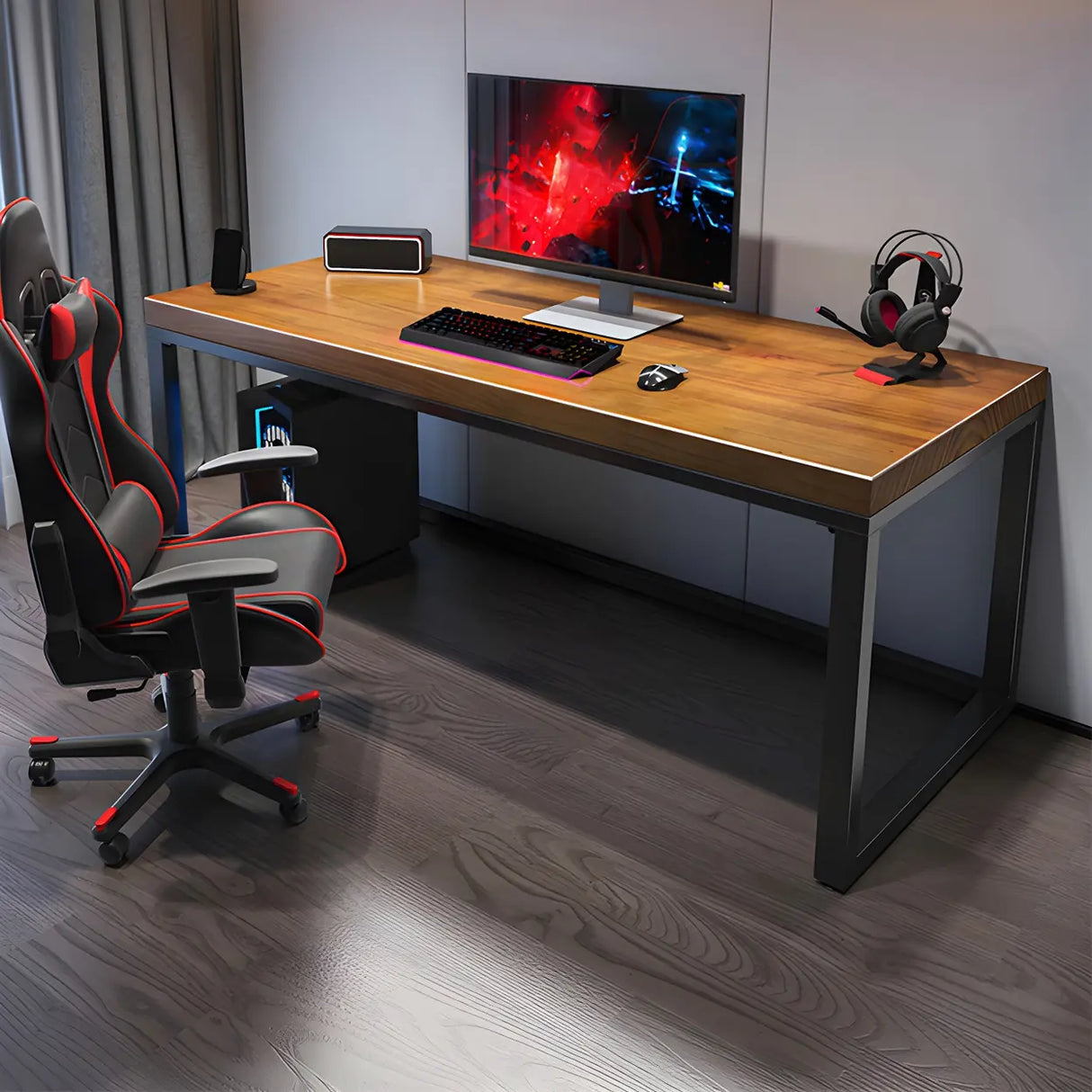 Brown Pine Wood Rectangle Iron Sleigh Gaming Desk Image - 3