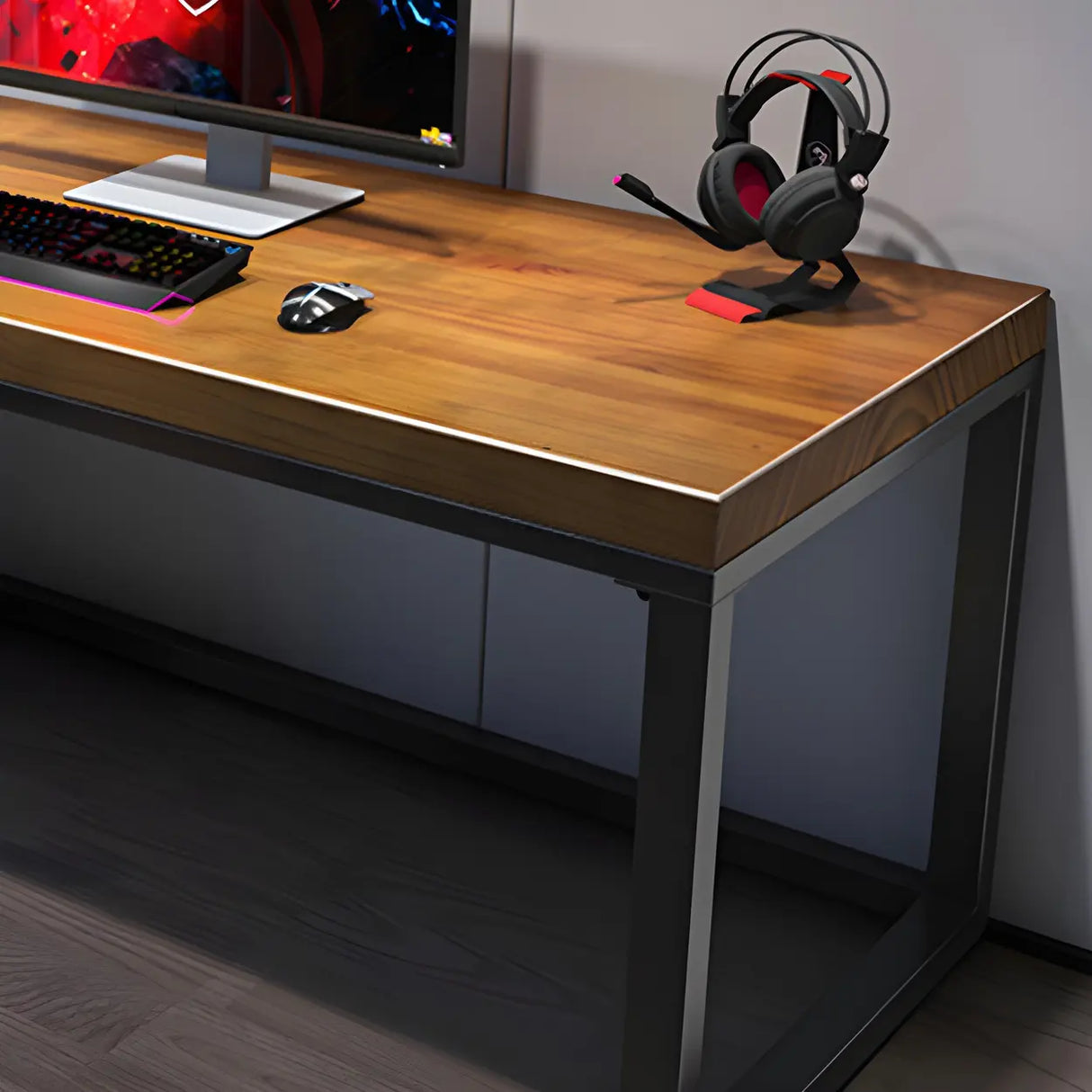 Brown Pine Wood Rectangle Iron Sleigh Gaming Desk Image - 6