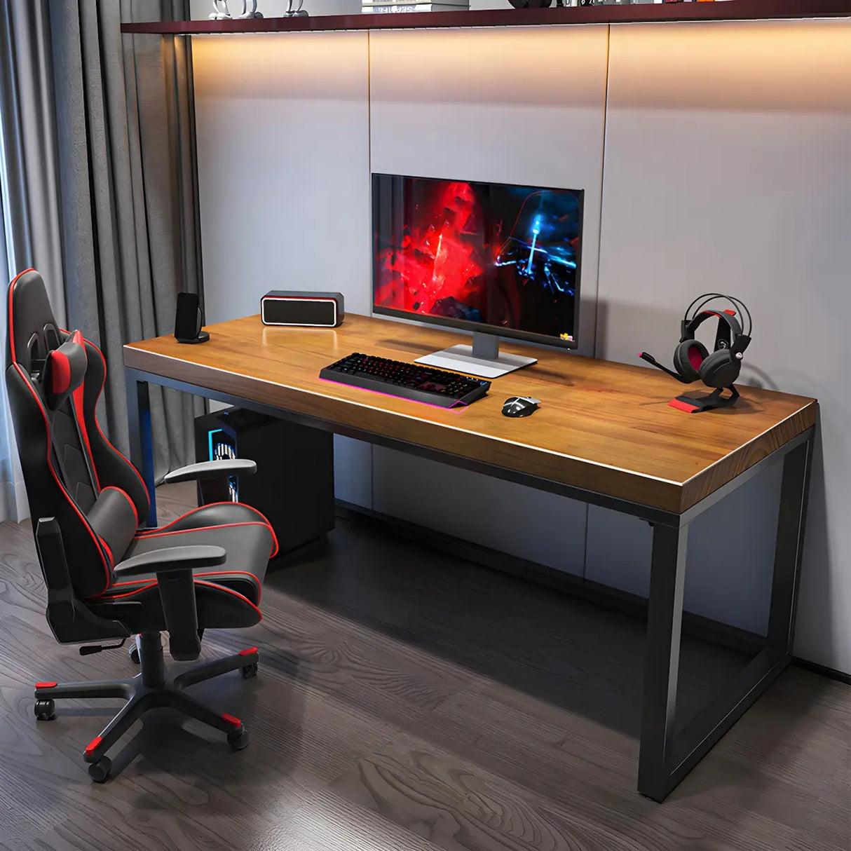 Brown Pine Wood Rectangle Iron Sleigh Gaming Desk Image - 7