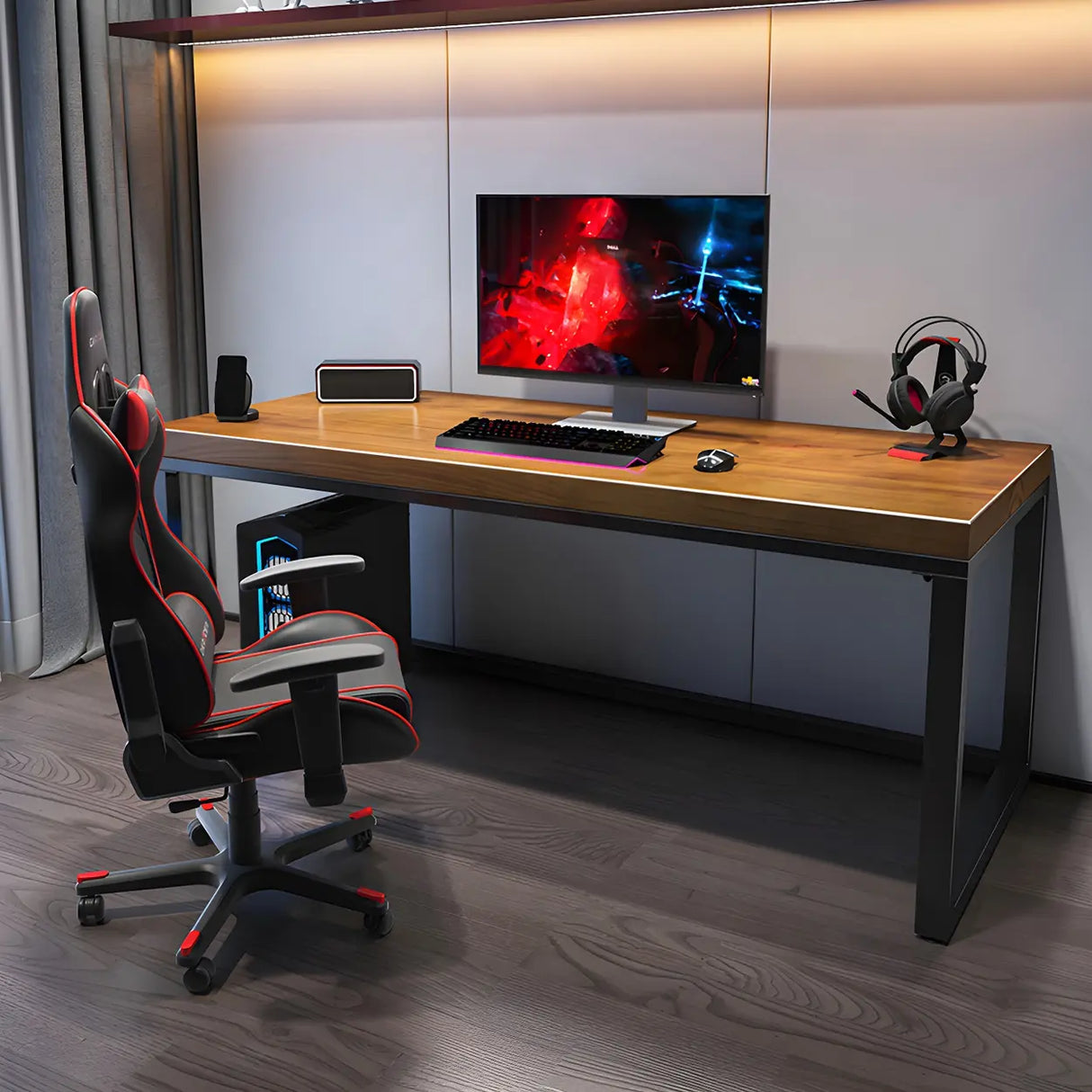 Brown Pine Wood Rectangle Iron Sleigh Gaming Desk Image - 8