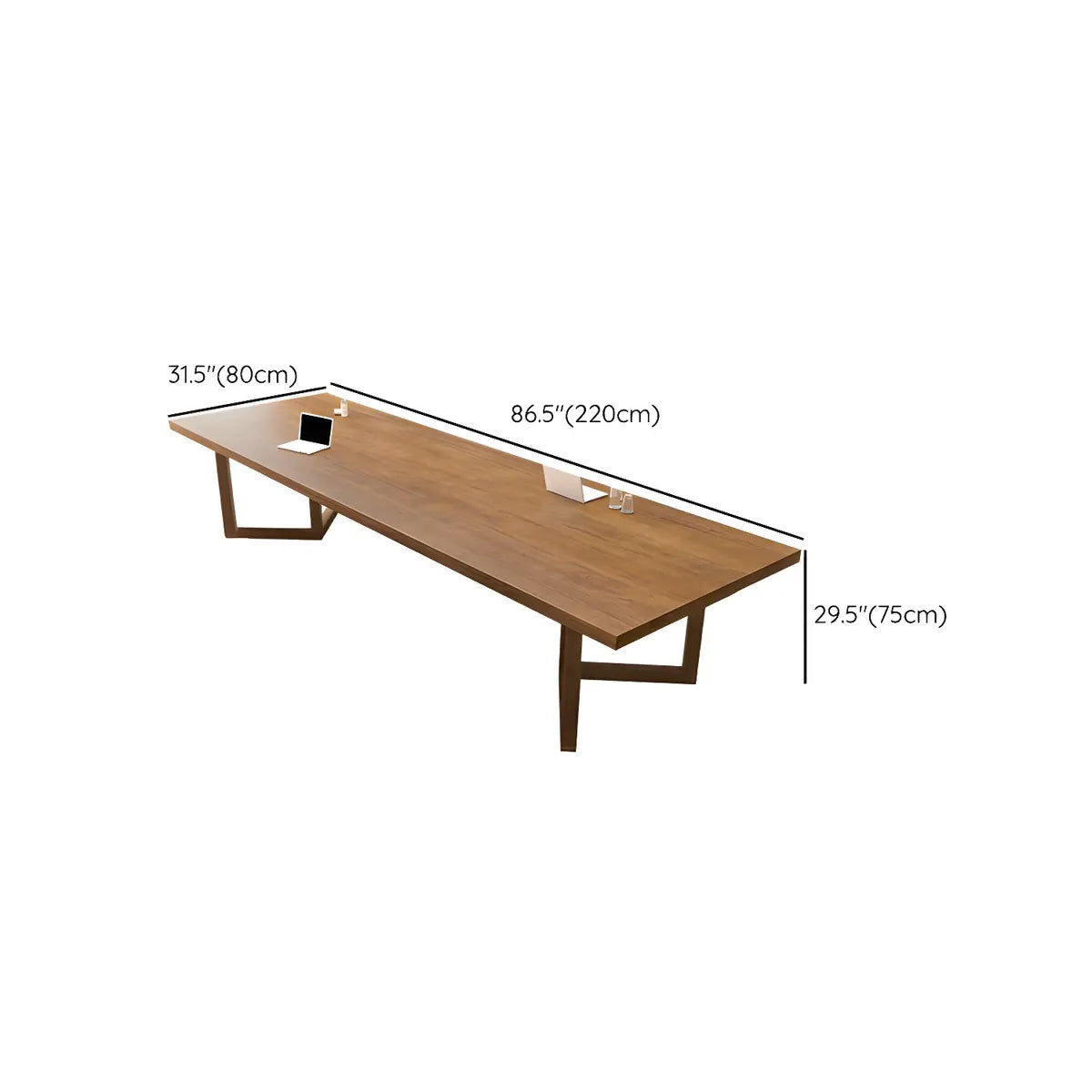 Brown Pine Wood Rectangle Sled Long Writing Desk for 10 Image - 10