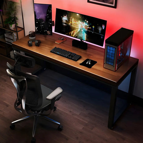 Brown Pine Wood Rectangle Steel Sled Gaming Desk Image - 1