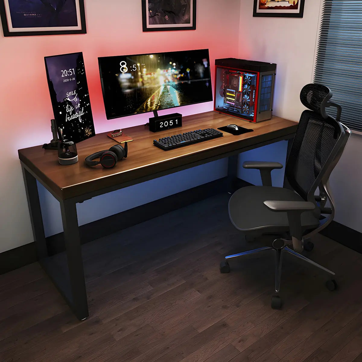 Brown Pine Wood Rectangle Steel Sled Gaming Desk Image - 11