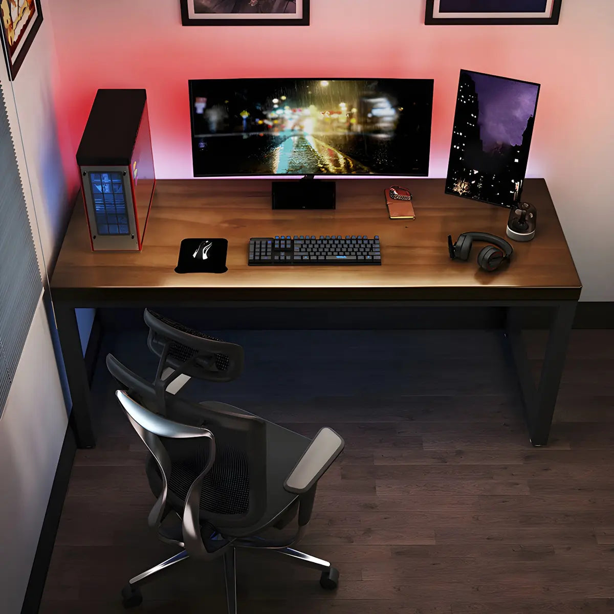 Brown Pine Wood Rectangle Steel Sled Gaming Desk Image - 15