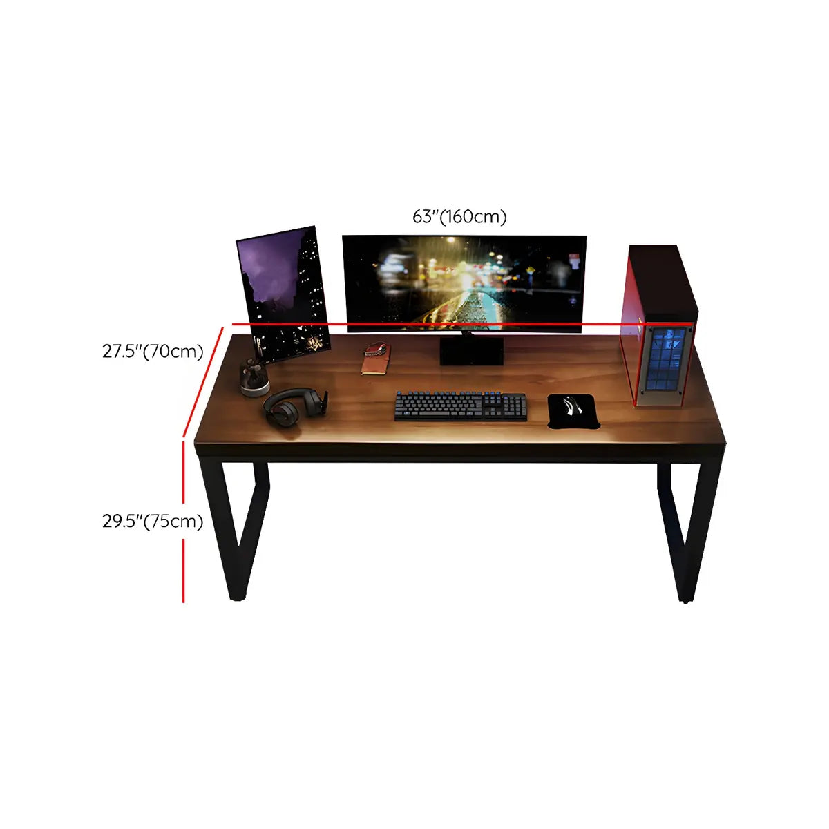 Brown Pine Wood Rectangle Steel Sled Gaming Desk 