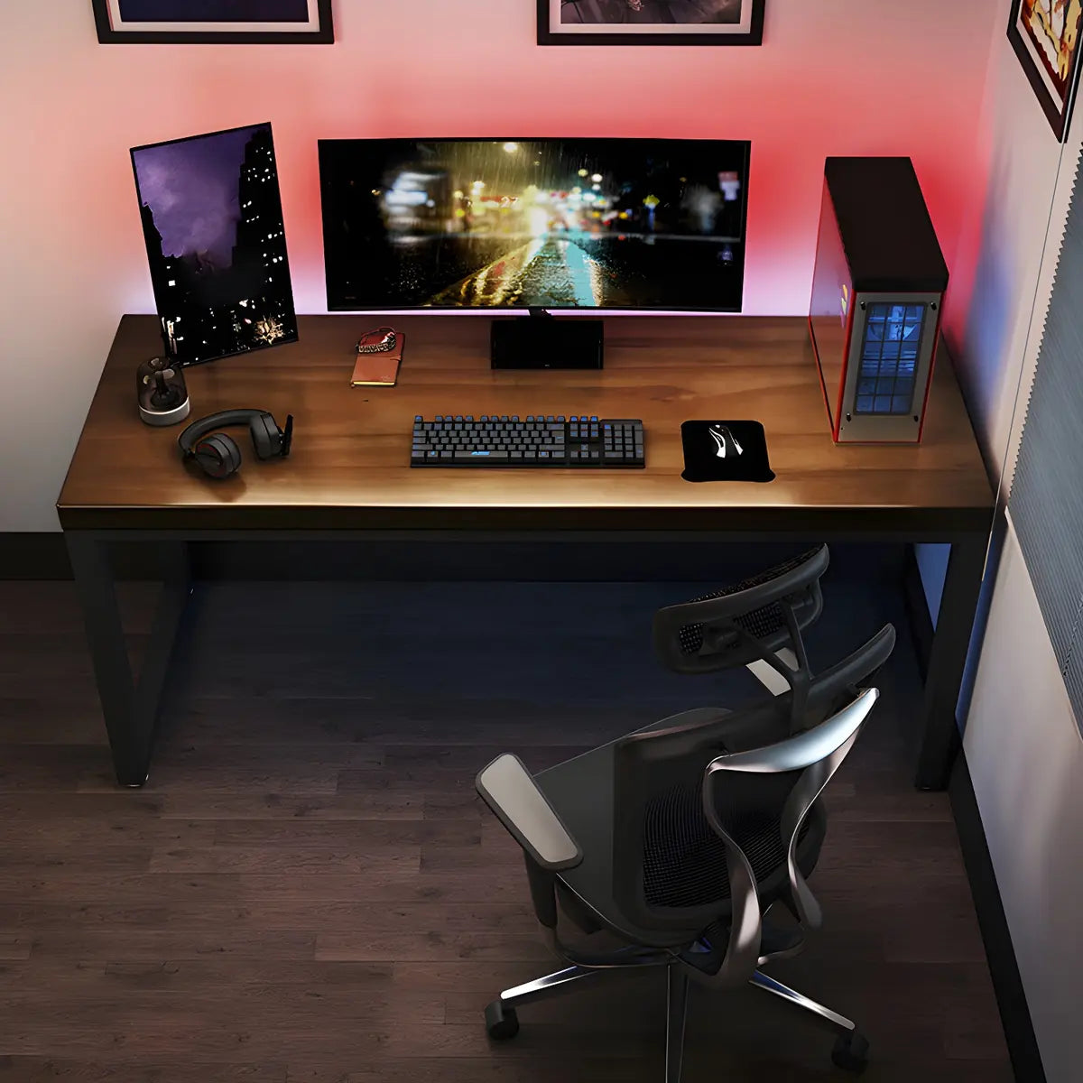 Brown Pine Wood Rectangle Steel Sled Gaming Desk Image - 3