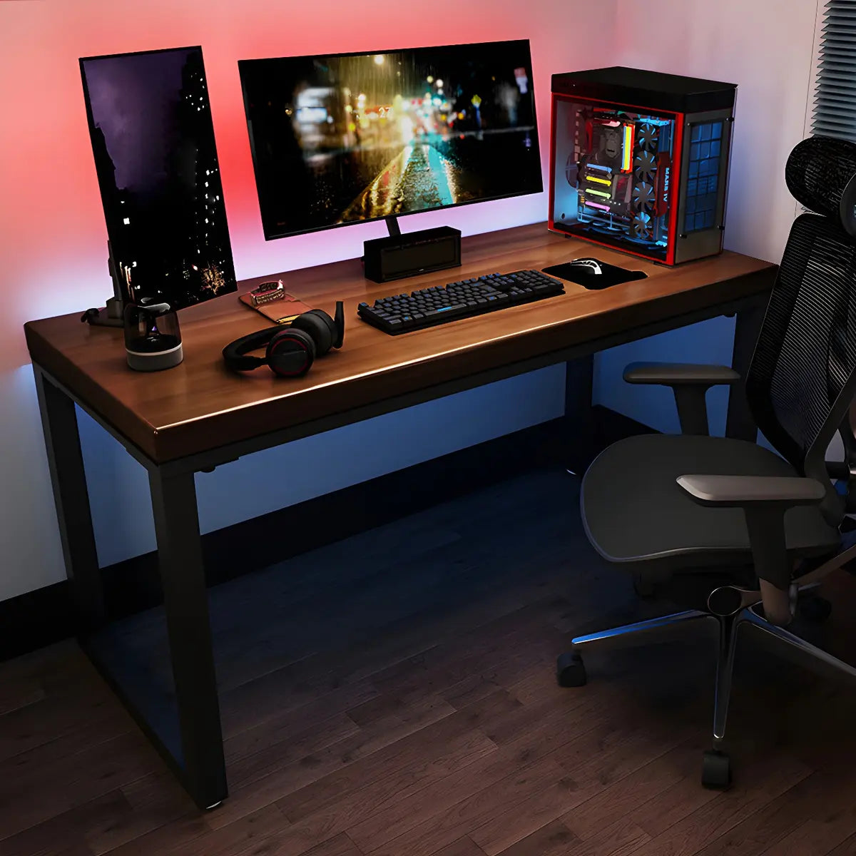 Brown Pine Wood Rectangle Steel Sled Gaming Desk Image - 4