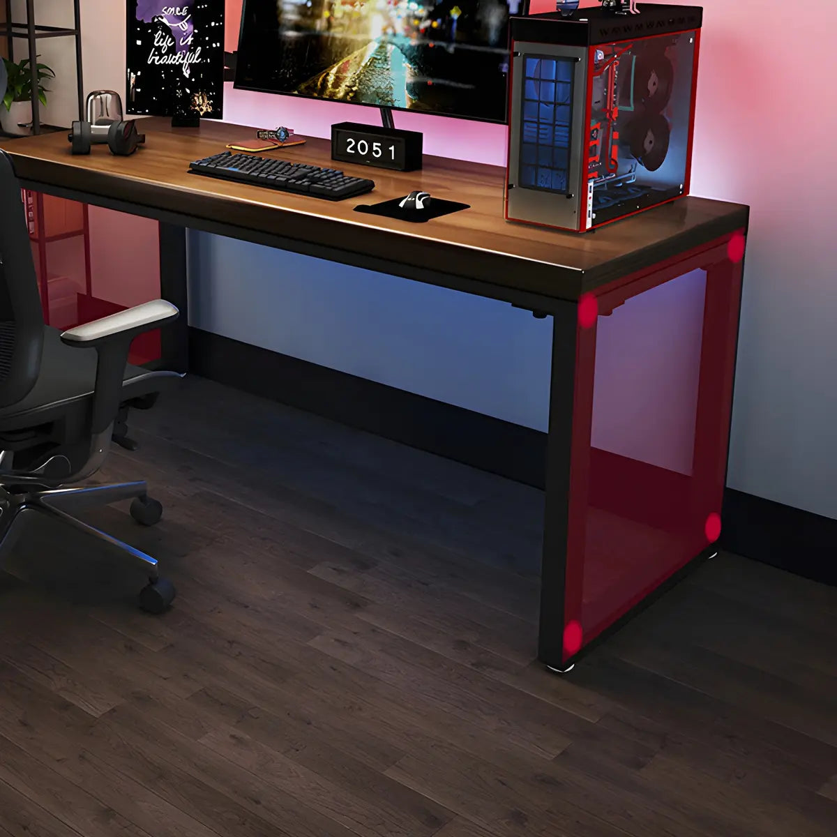 Brown Pine Wood Rectangle Steel Sled Gaming Desk Image - 9