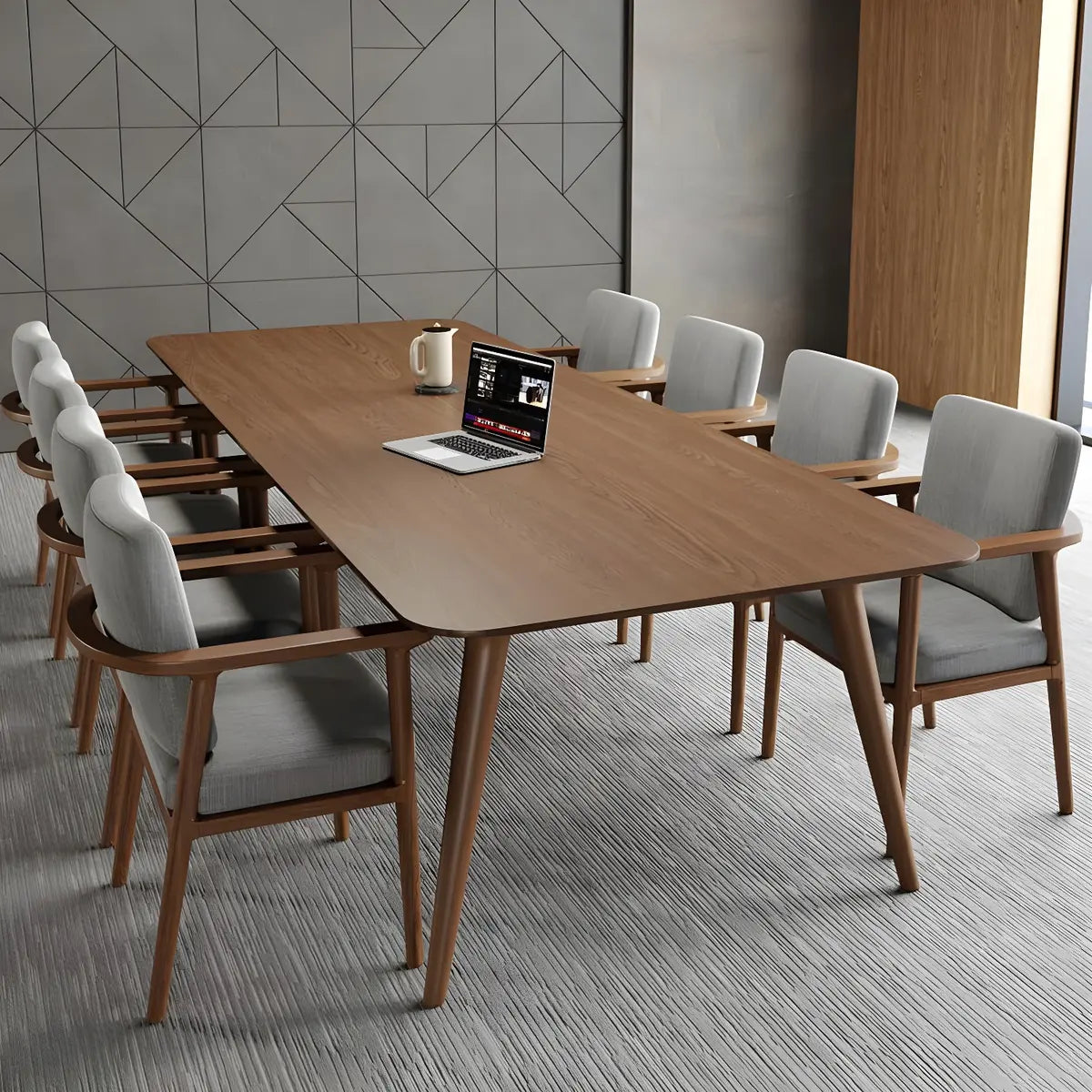 Brown Pine Wood Rectangular Conference Table for Eight Image - 3