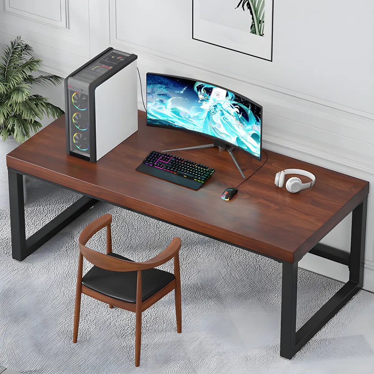 Brown Pine Wood Rectangular Steel Sled Gaming Desk Image - 1