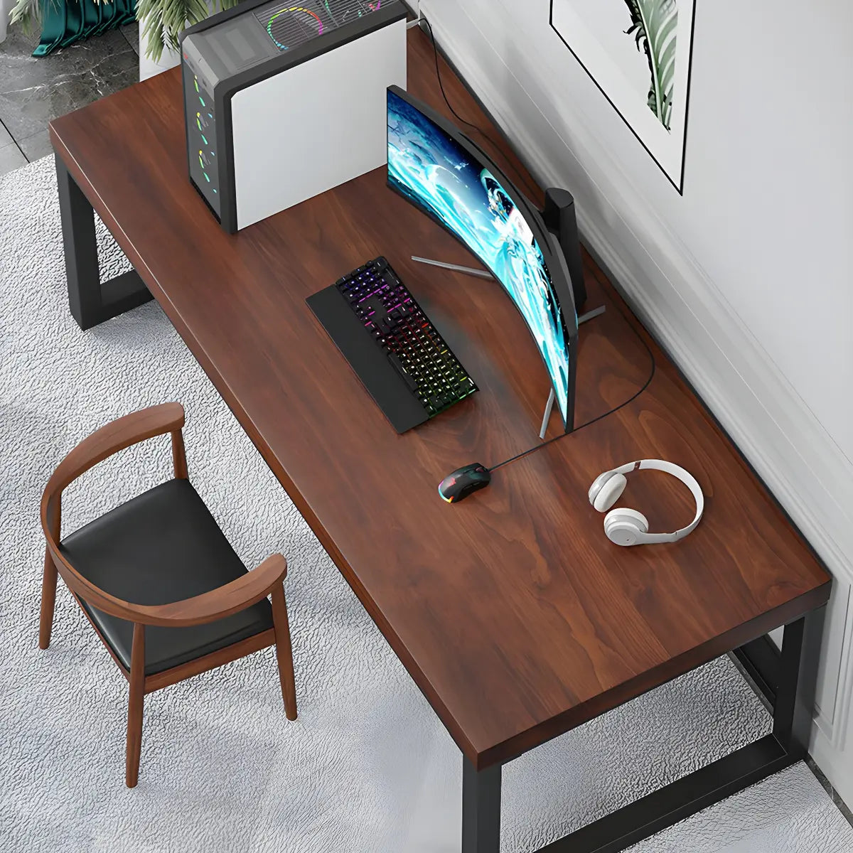 Brown Pine Wood Rectangular Steel Sled Gaming Desk Image - 4