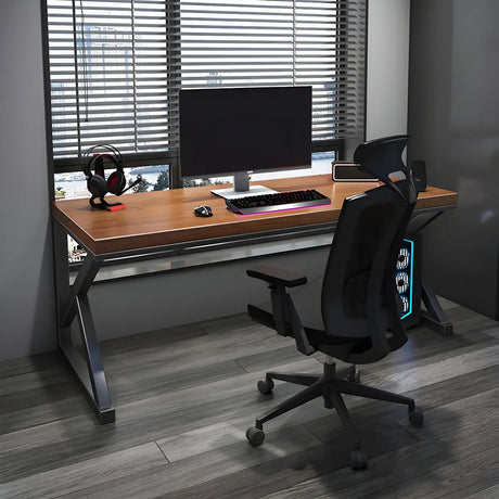 Brown Pine Wooden Rectangle Iron Sledge Gaming Desk Image - 1