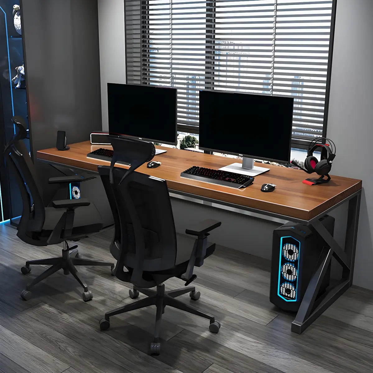 Brown Pine Wooden Rectangle Iron Sledge Gaming Desk Image - 11