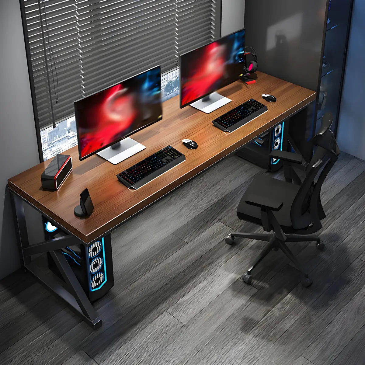 Brown Pine Wooden Rectangle Iron Sledge Gaming Desk Image - 12