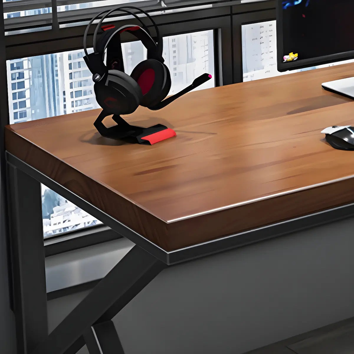 Brown Pine Wooden Rectangle Iron Sledge Gaming Desk Image - 7