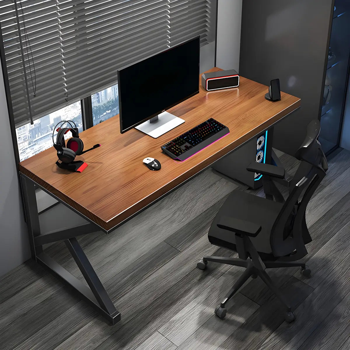 Brown Pine Wooden Rectangle Iron Sledge Gaming Desk Image - 9