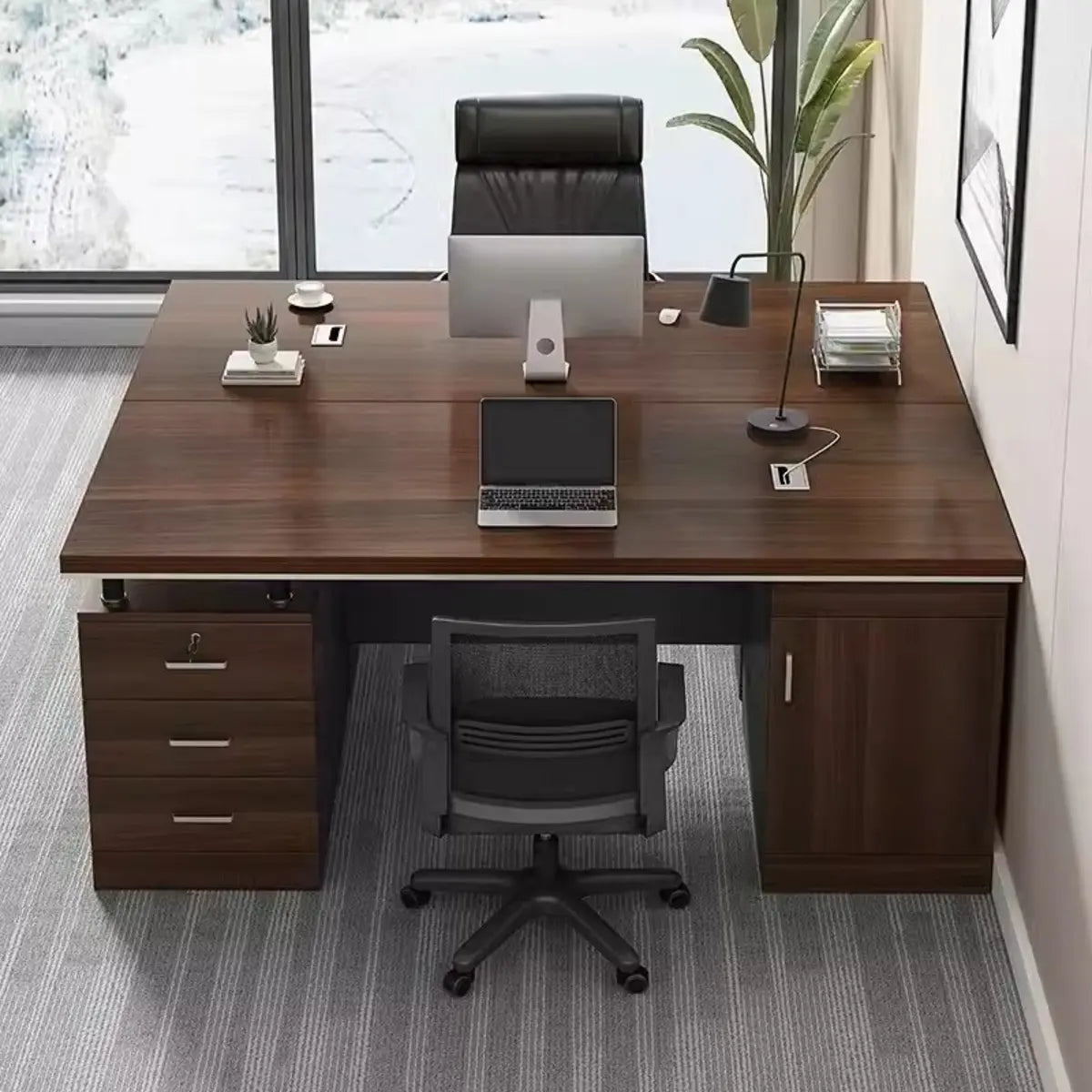 Brown Rectangle Manufactured Wood Drawers Computer Desk Image - 1