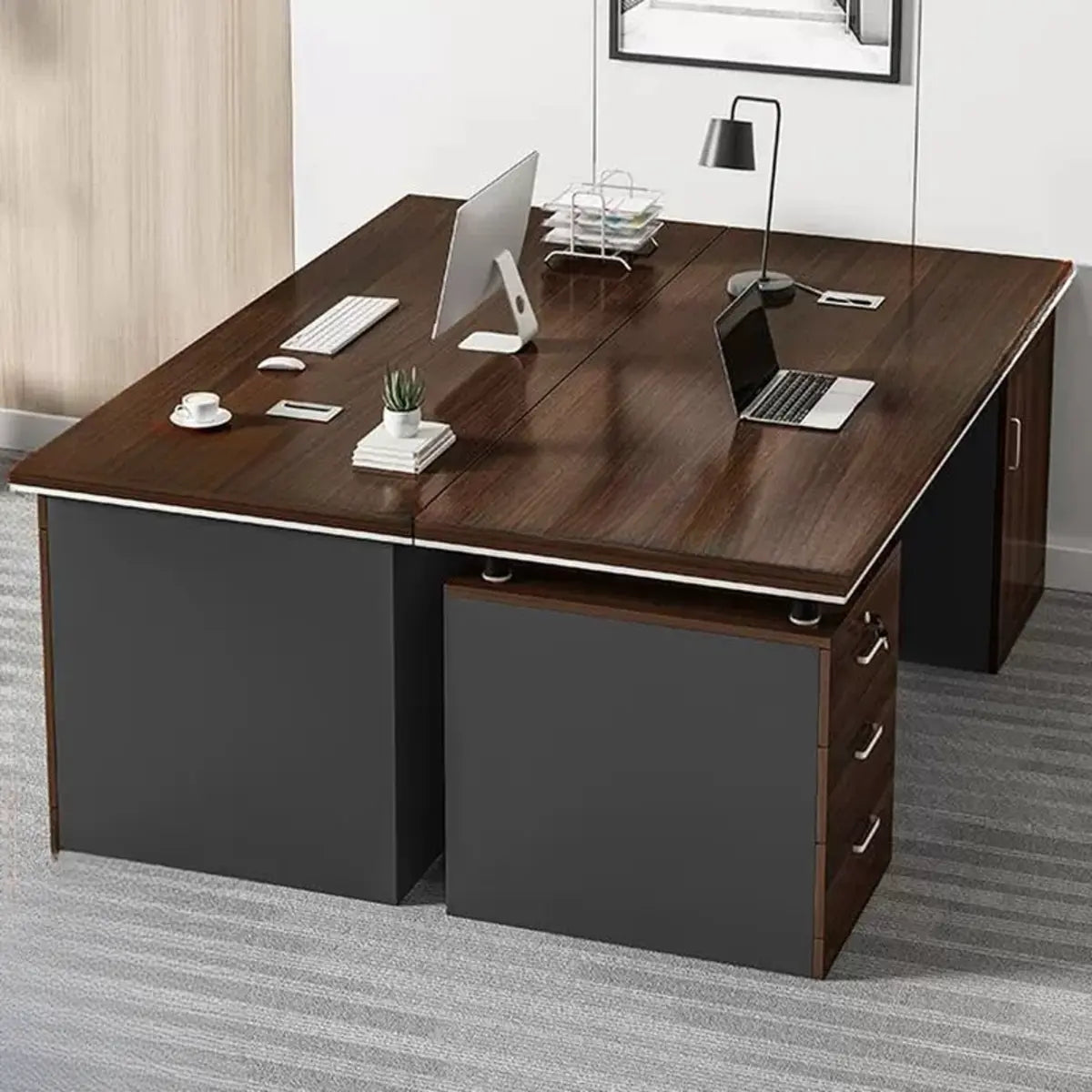 Brown Rectangle Manufactured Wood Drawers Computer Desk Image - 6