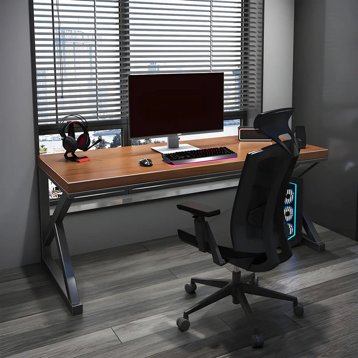 Brown Rectangle Pine Wood Iron Sled Double Gaming Desk Image - 3