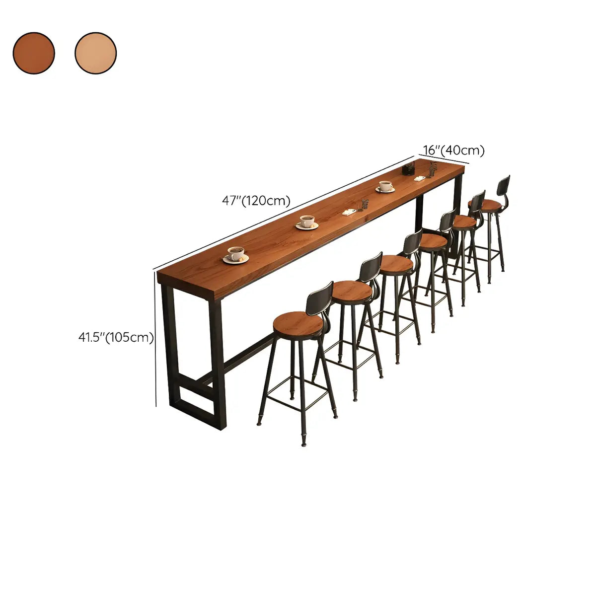 Brown Rectangle Solid Wood Large Bar Table with Metal Legs 