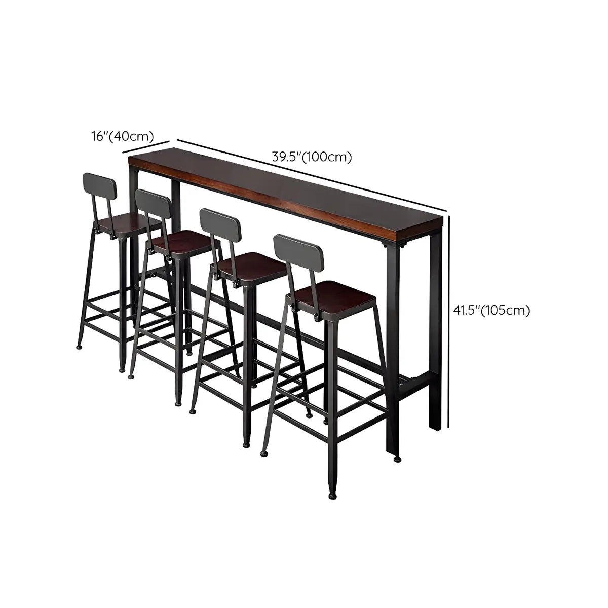 Brown Rectangular Pine Wood Bar Table with Iron Legs 