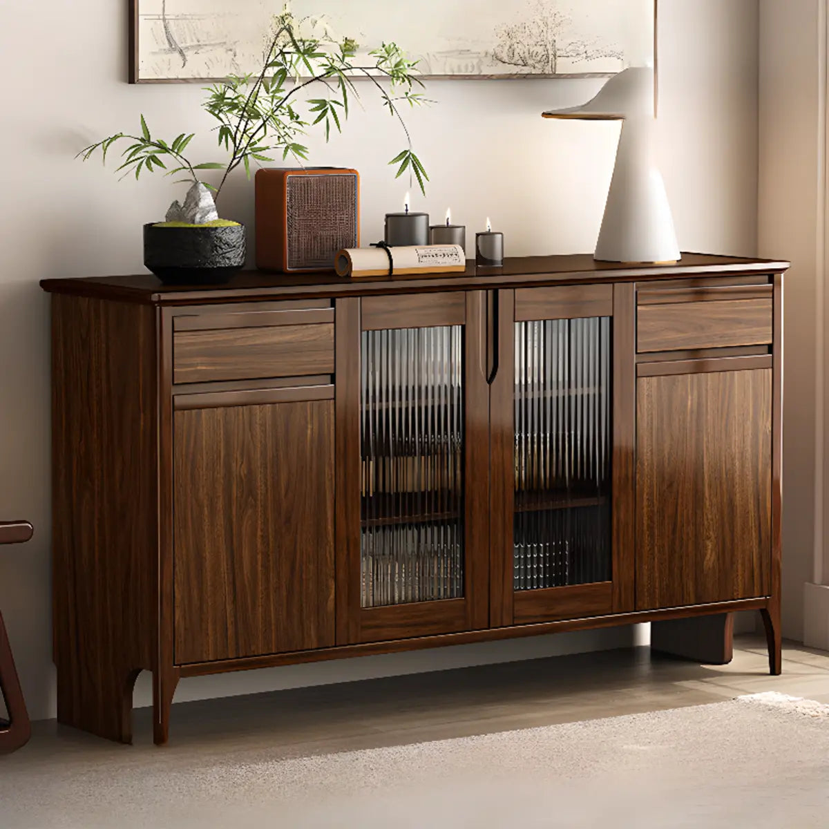 Brown Rectangular Wood Kitchen Storage China Cabinet Image - 1