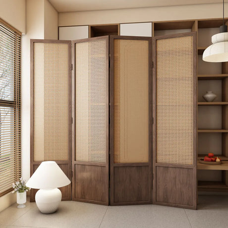 Brown Rectangular Woven Wooden Folding Room Divider Image - 1