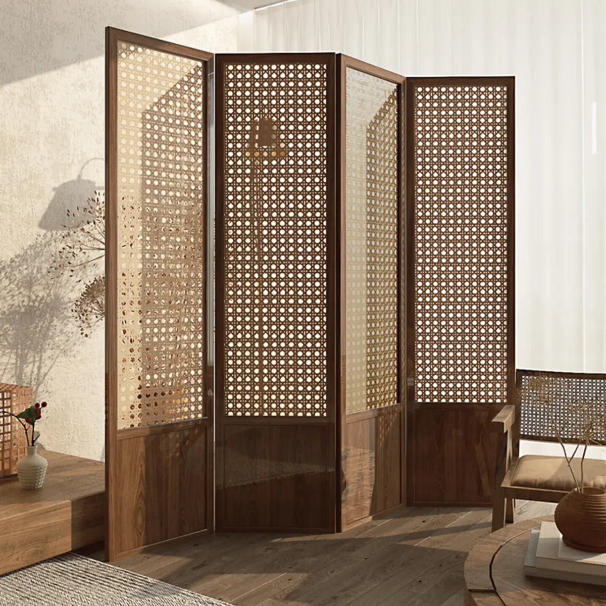 Brown Rectangular Woven Wooden Folding Room Divider Image - 4