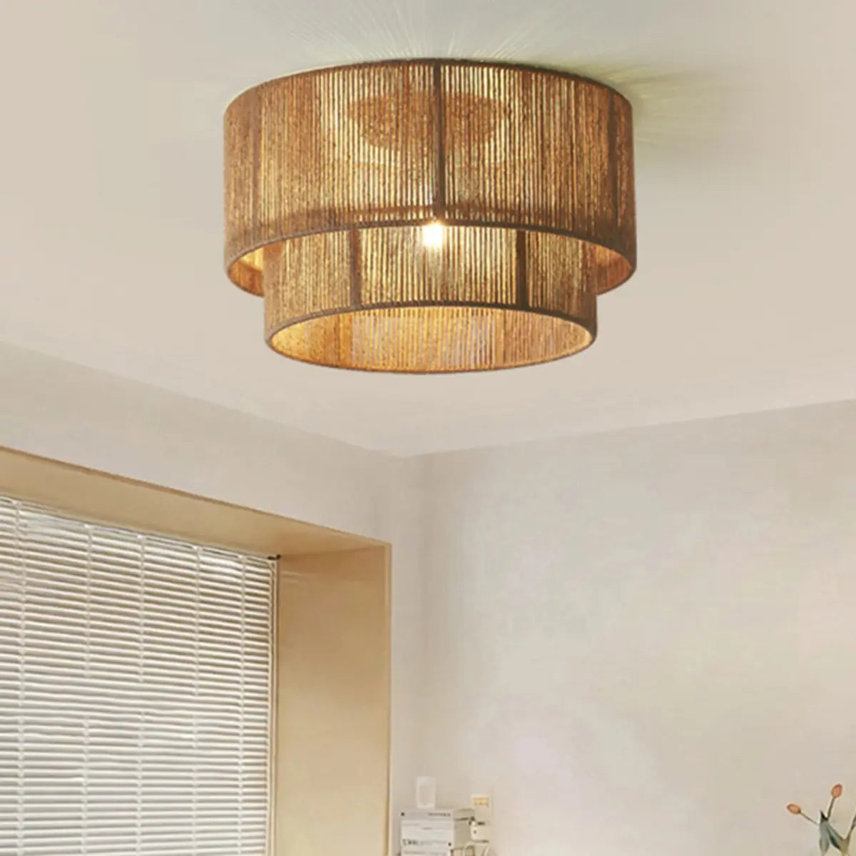 Brown Rope Double Cylinder Flush Mount Ceiling Light Image - 4