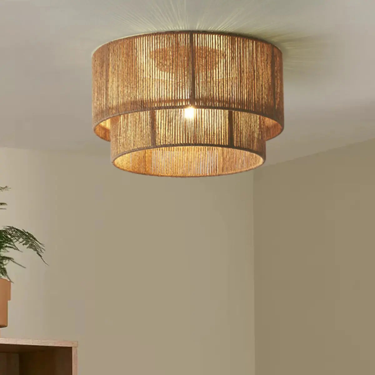 Brown Rope Double Cylinder Flush Mount Ceiling Light Image - 5